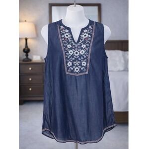 J. Jill Denim Lyocell Chambray Embroidered Sleeveless Popover‎ Top Flowy Size L